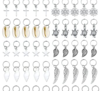 JIALEEY Hair Braid Rings, 50PCS Hair Loops Clips Silver Ring Shell Leaves Star Conch Snowf