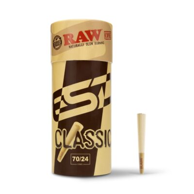 RAW Cones Classic Single Size 70/24 | 100 Cone Pack | Shorter than 1 1/4 | Mini Preroll to