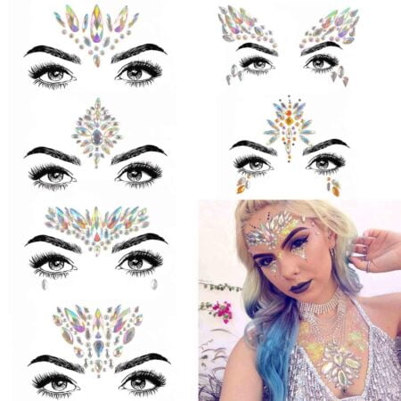 COKOHAPPY 6 Sets Festival Rhinestones Rave Mermaid Face Jewel Tattoo - Tears Gems Rainbow