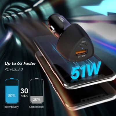 SUNDA USB C Fast Car Charger 51W Dual Ports PD 30W&QC 3.0, Cell Phone Automobile Chargers, - Image 3