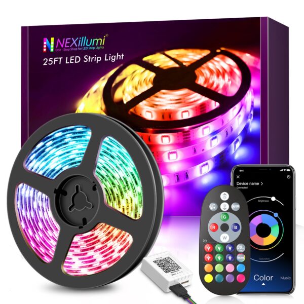 NEXillumi 25ft LED Strip Lights, APP Control Music Sync Color Changing LED Light Strip, SM