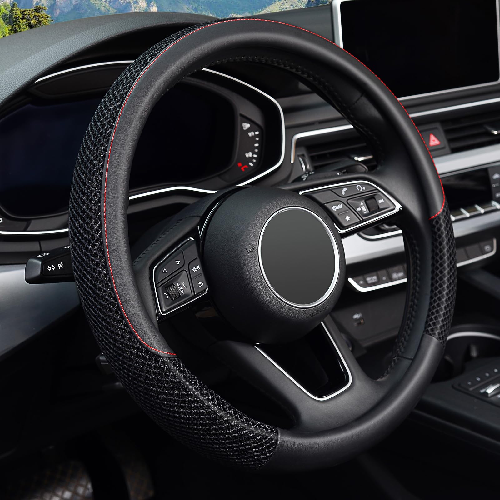 KAFEEK Steering Wheel Cover, Universal 15 inch, Microfiber Leather Viscose, Breathable, An