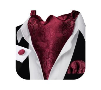 Barry.Wang Men Ascot Tie Set Cravat Tie Paisley Burgundy Silk Scarf Self Tie Necktie Handk