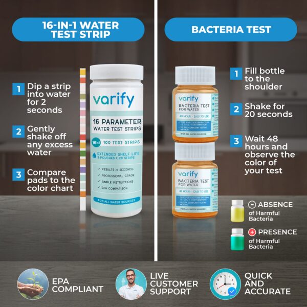 Varify 17 in 1 Complete Drinking Water Test Kit - 100 Strips + 2 Bacteria Tester Kits - We - Image 4