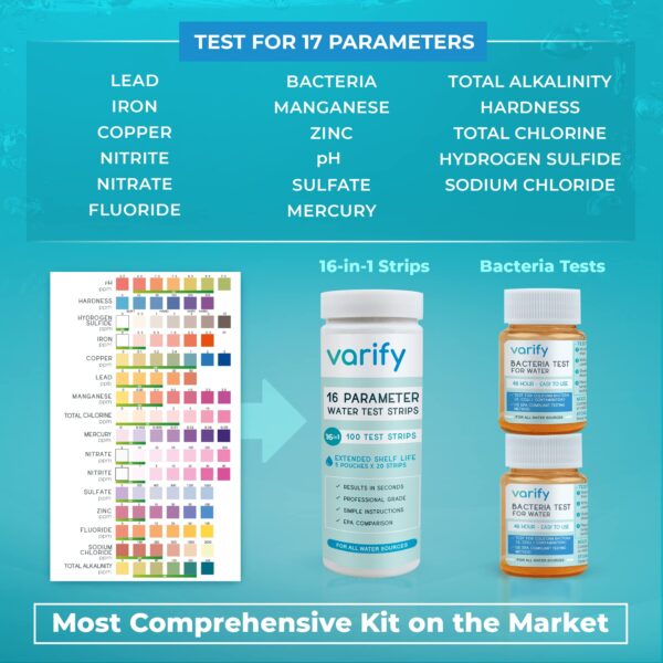 Varify 17 in 1 Complete Drinking Water Test Kit - 100 Strips + 2 Bacteria Tester Kits - We - Image 3
