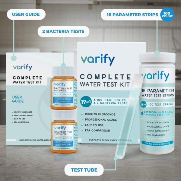 Varify 17 in 1 Complete Drinking Water Test Kit - 100 Strips + 2 Bacteria Tester Kits - We - Image 2