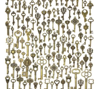125 PCS Vintage Skeleton Key Set Charms, JIALEEY Mixed Antique Style Bronze Brass for Pend