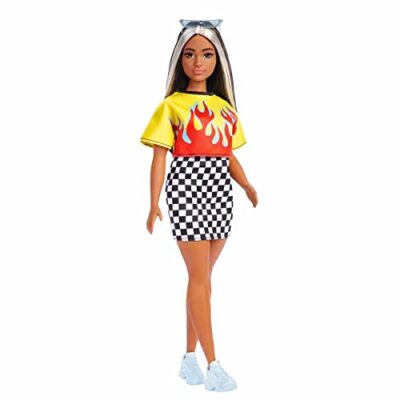 Barbie Fashionistas Doll, Curvy, Long Highlighted Hair & Flame Crop Top, Checkered Skirt, - Image 2