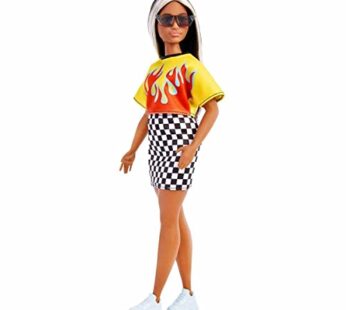 Barbie Fashionistas Doll, Curvy, Long Highlighted Hair & Flame Crop Top, Checkered Skirt,