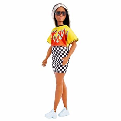 Barbie Fashionistas Doll, Curvy, Long Highlighted Hair & Flame Crop Top, Checkered Skirt,