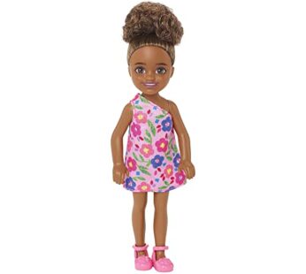 Barbie Chelsea Doll (Brunette Curly Hair) Wearing One-Shoulder Flower-Print Dress and Pink