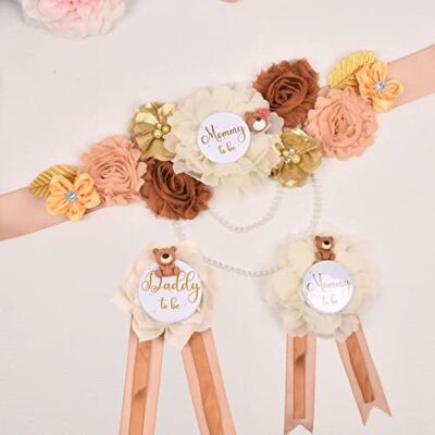 CheeseandU 4Pcs Baby Shower Sash Mommy and Daddy to Be Tinplate Badge, Sunflower Crown Gar - Image 5