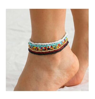 VFlowee Boho Handmade Beaded African Anklets Multicolor Women Stretch Seed Beads Rainbow A - Image 2