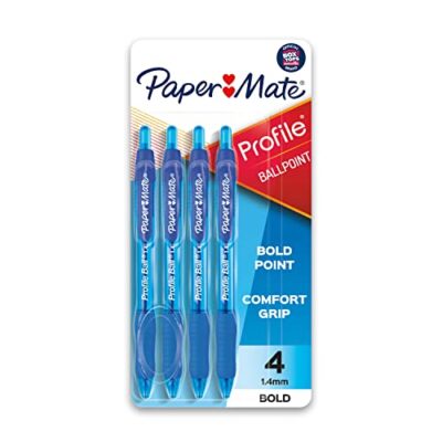 Paper Mate Profile Retractable Ballpoint Pen, Bold Point, Translucent Barrel, Blue Ink, 4