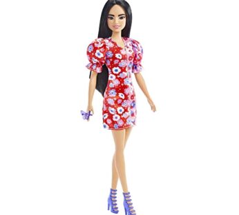 Barbie Fashionistas Doll, with Long Black Hair & Color Block Floral Dress with Puffed Slee