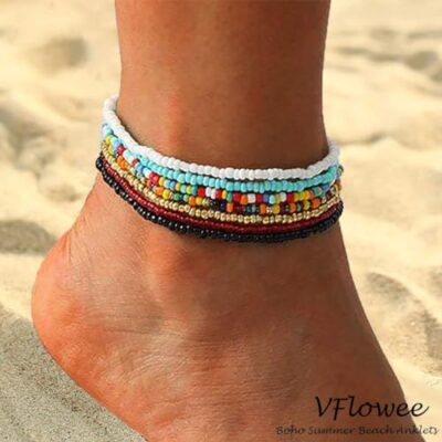 VFlowee Boho Handmade Beaded African Anklets Multicolor Women Stretch Seed Beads Rainbow A - Image 7