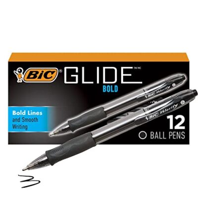 BIC Glide Bold Black Ballpoint Pens, Bold Point (1.6mm), 12-Count Pack, Retractable Ballpo