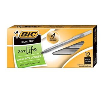 BIC(R) Round Stic(R) Ballpoint Pens, Medium Point, 1.0 mm, Translucent Barrel, Black Ink,