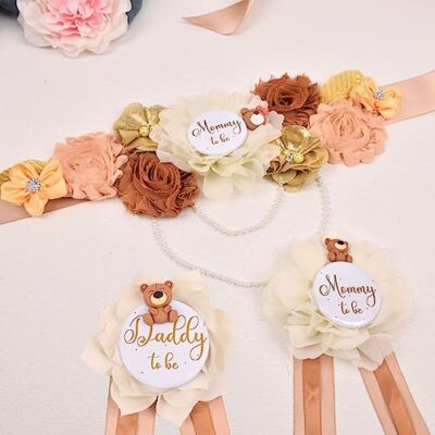 CheeseandU 4Pcs Baby Shower Sash Mommy and Daddy to Be Tinplate Badge, Sunflower Crown Gar - Image 4