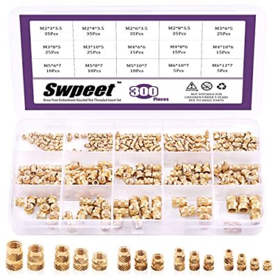 Swpeet 300Pcs 5 Values M2 M3 M4 M5 M6 Female Thread Knurled Nuts Brass Threaded Insert Emb