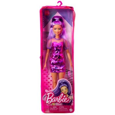 Barbie Fashionistas Doll, Petite, Long Purple Hair & Purple Metallic Dress, Sheer Bodice & - Image 6