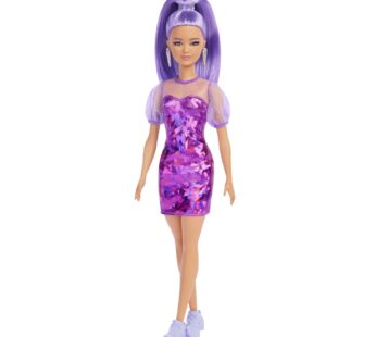 Barbie Fashionistas Doll, Petite, Long Purple Hair & Purple Metallic Dress, Sheer Bodice &