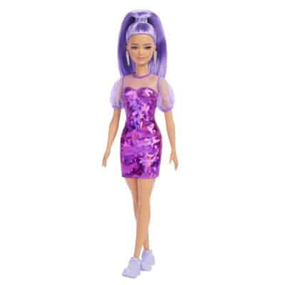 Barbie Fashionistas Doll, Petite, Long Purple Hair & Purple Metallic Dress, Sheer Bodice &