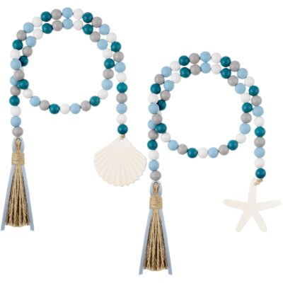 Janinka Seashell Wood Bead Garland 2 Pieces Farmhouse Beads Garland with Tassels Decorativ