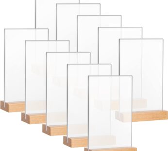 Maitys 10 Pack Acrylic Sign Holder 4 x 6.5 in Clear Double Sided Table Sign with Wooden Ba