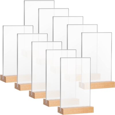 Maitys 10 Pack Acrylic Sign Holder 4 x 6.5 in Clear Double Sided Table Sign with Wooden Ba