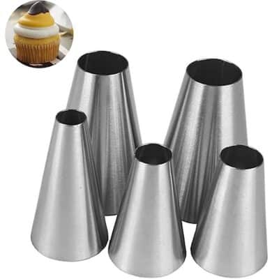 Hendiy 5 psc/set Large Round Piping Tip, Stainless Steel Professional Baking Decoration To