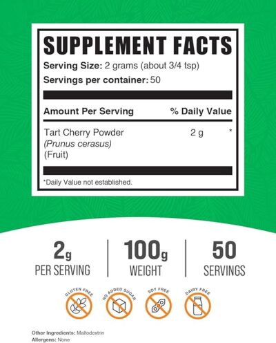 BulkSupplements.com Tart Cherry Powder - Fruit Powder, Tart Cherry Supplements - Antioxidant Source, Gluten Free & No Added Sugar, 2g per Serving, 100g (3.5 oz) (Pack of 1) - Image 2