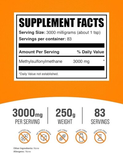 BulkSupplements.com MSM Powder - Methylsulfonylmethane, MSM Supplement - MSM Pure Powder, MSM 3000mg - for Joint Health, Gluten Free, 3000mg per Serving, 250g (8.8 oz) (Pack of 1) - Image 2