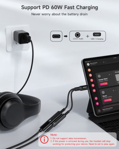 ZOOAUX USB C to 3.5mm Headphone and Charger Adapter,2 in 1 USB C to Aux Audio Jack with PD - Image 3