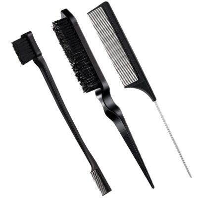 Geiserailie 3 Pcs Slick Back Hair Brush Set Bristle Hair Brush Edge Control Brush Teasing