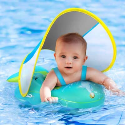 No Flip Over Baby Pool Float with Canopy UPF50+ Sun Protection, Inflatable Float with Spon