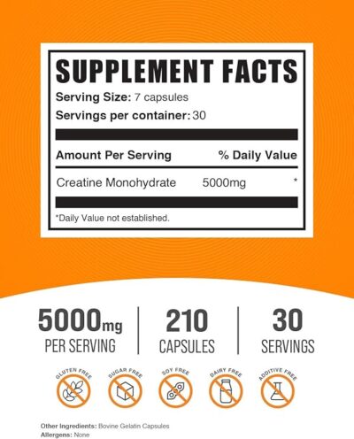 BulkSupplements.com Creatine Monohydrate Capsules - Micronized Creatine Monohydrate, Creatine Pills - 7 Creatine Capsules per Serving, 5000mg, Gluten Free, 210 Capsules (Pack of 1) - Image 2