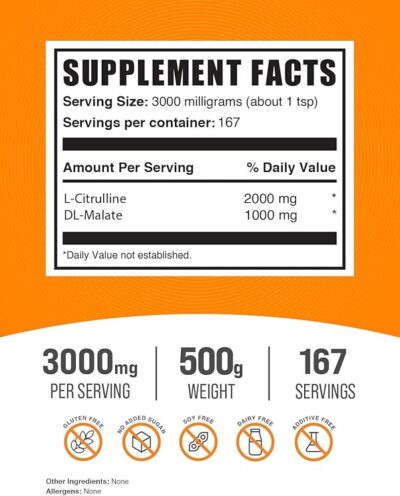 BulkSupplements.com L-Citrulline Malate 2:1 Powder - L Citrulline Malate Supplement, Citrulline Malate Powder - Unflavored & Gluten Free - 3g per Servings, 500g (1.1 lbs) (Pack of 1) - Image 2