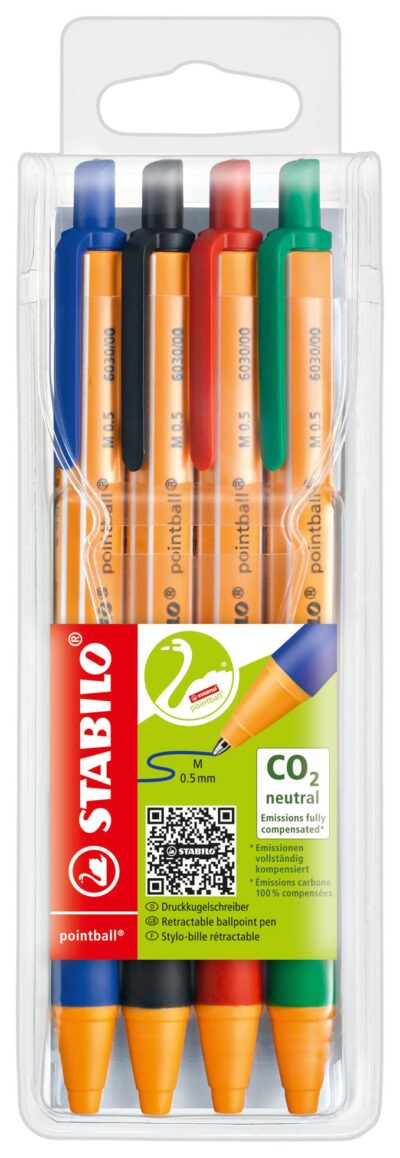 Ballpoint - STABILO pointball - Wallet of 4 - Assorted colors,red, blue, black, green