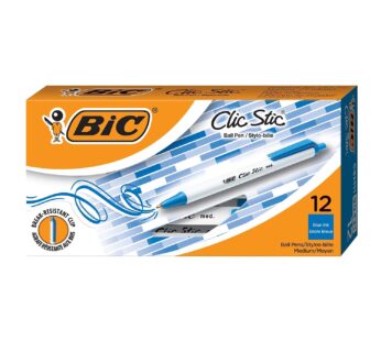 BIC? Clic Stic? Retractable Pens, Medium Point, 1.0 mm, White Barrel, Blue Ink, Pack Of 12