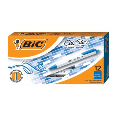 BIC? Clic Stic? Retractable Pens, Medium Point, 1.0 mm, White Barrel, Blue Ink, Pack Of 12