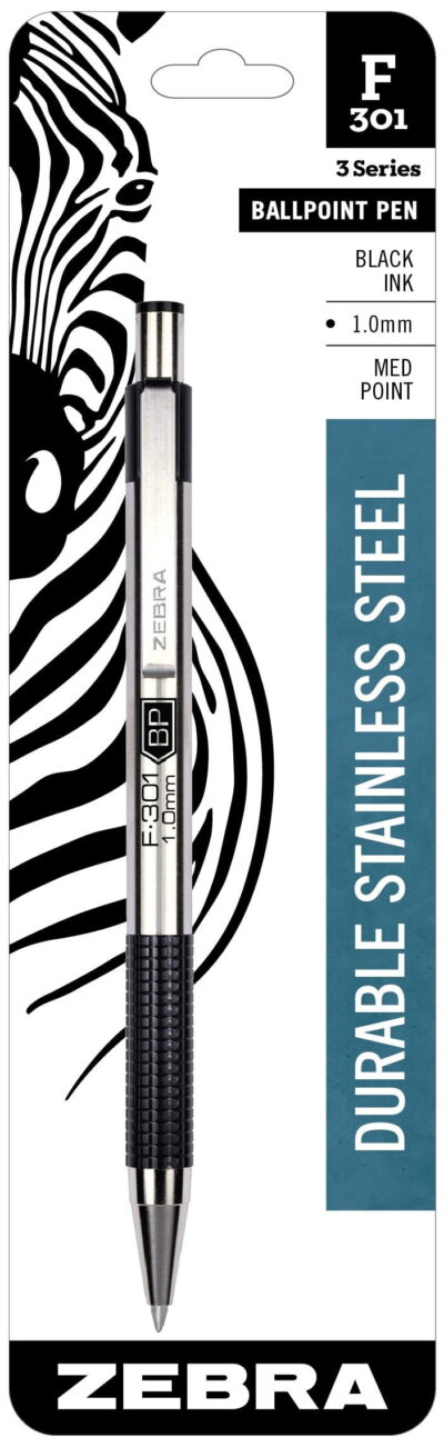 Zebra F-301 Ballpoint Retractable Pen, Black Ink, Medium Point, EA - ZEB27211