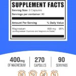 BulkSupplements.com Magnesium Glycinate Capsules - Magnesium Bisglycinate, Magnesium Supplement, Magnesium Glycinate 400mg - Gluten Free, 3 Capsules per Serving, 270 Capsules (Pack of 1) - Image 2