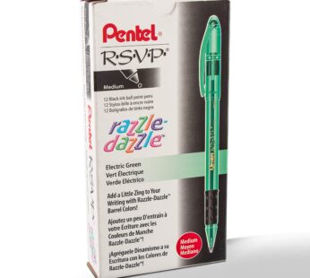 Pentel R.S.V.P. Razzle-Dazzle Ballpoint Pen, Medium Line, Green Barrel, Black Ink, Box of