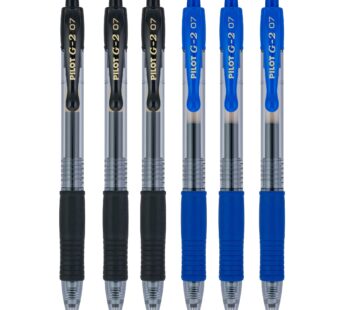 Pilot G2 pens retractable Gel Roller ballpoint 07 Fine pt Black & Blue Bundle (6)