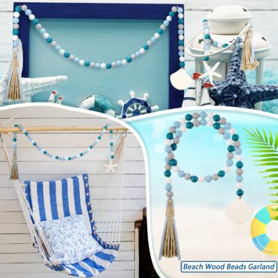 Janinka Seashell Wood Bead Garland 2 Pieces Farmhouse Beads Garland with Tassels Decorativ - Image 4