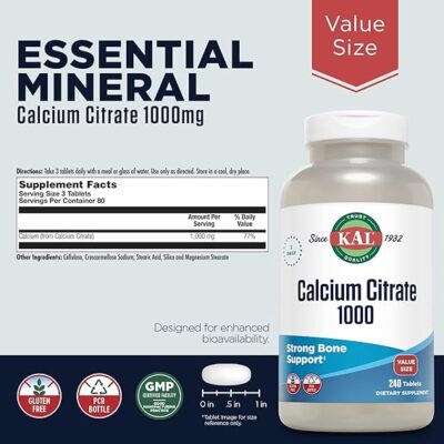 KAL Calcium Citrate 1000mg, High Potency Calcium Supplement for Bone Health, Strong Teeth, Nerve, Muscle and Heart Health Support, Gluten Free, 60 Day Money Back Guarantee - Image 2