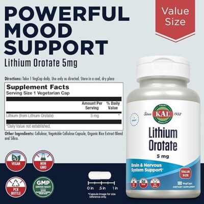 KAL Lithium Orotate 5mg, Low Dose Lithium Supplement for Brain, Nervous System and Mood Support, Chelated and Highly Bioavailable, Vegan, Non-GMO, Organic Rice Extract Blend, 180 Servings, 180 VegCaps - Image 2