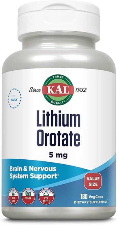 KAL Lithium Orotate 5mg, Low Dose Lithium Supplement for Brain, Nervous System and Mood Support, Chelated and Highly Bioavailable, Vegan, Non-GMO, Organic Rice Extract Blend, 180 Servings, 180 VegCaps