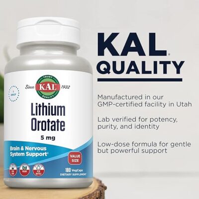 KAL Lithium Orotate 5mg, Low Dose Lithium Supplement for Brain, Nervous System and Mood Support, Chelated and Highly Bioavailable, Vegan, Non-GMO, Organic Rice Extract Blend, 180 Servings, 180 VegCaps - Image 4